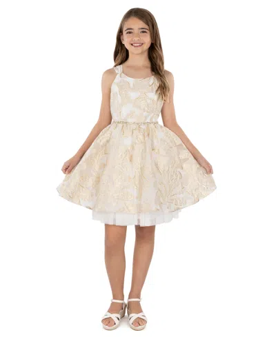 Speechless Kids' Big Girls Golden Jacquard Fit And Flare Dress In Ivory,gold