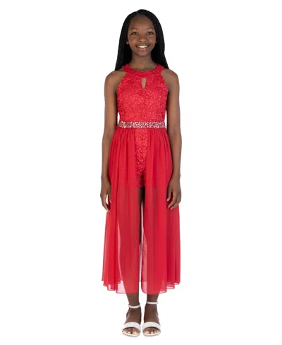 Speechless Kids' Big Girls Lace & Chiffon Social Walk-through Romper In Red,silver