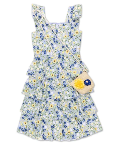 Speechless Kids' Big Girls Sleeveless Floral Midi Length Dress With Purse In Blue Yellow