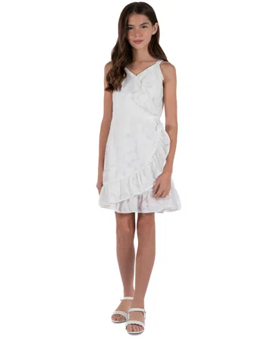 Speechless Kids' Big Girls V-neck Floral-burnout Chiffon Ruffle Dress In White Jm