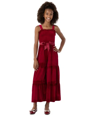 Speechless Kids' Girls' 7-16 Square-neck Sleeveless Velvet Jumpsuit In Red
