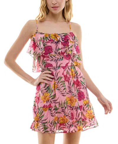 Speechless Juniors' Floral Print Ruffled Sleeveless A-line Dress In Pink,golde