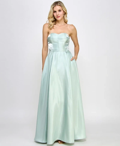 Speechless Juniors' Iridescent Satin Strapless Corset Gown, Created For Macy's In Light Sage