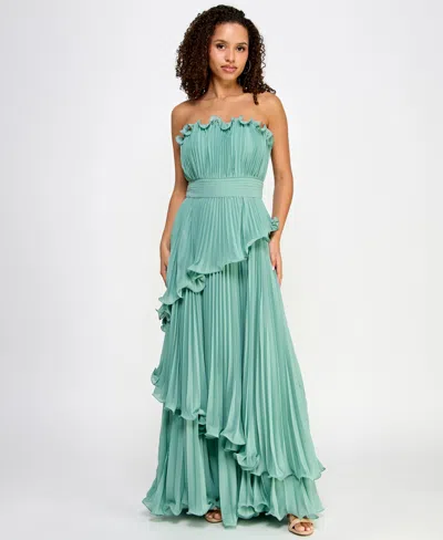 Speechless Juniors' Strapless Ruffled Tiered Pleated Gown In Green