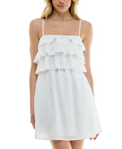 Speechless Juniors' Textured Ruffle-trim Sleeveless Shift Dress In White Jm