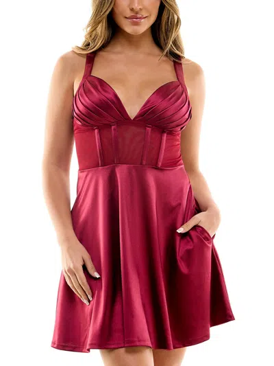 Speechless Juniors Womens Corset Seamed Satin Fit & Flare Dress In Pink