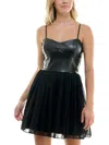 SPEECHLESS JUNIORS WOMENS FAUX LEATHER SHORT FIT & FLARE DRESS