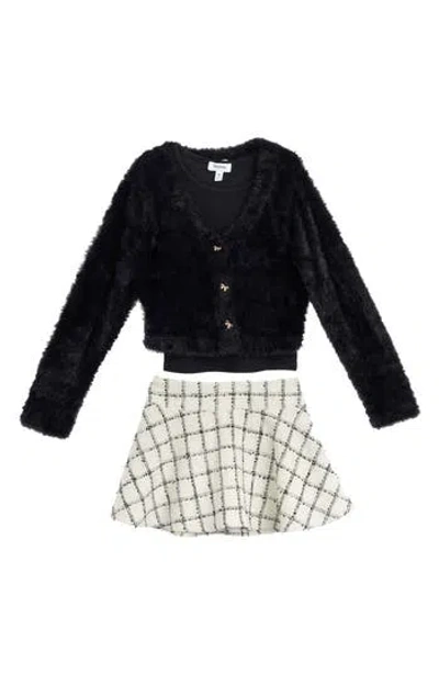 Speechless Kids' 3-piece Fuzzy Cardigan, Tank & Skort Set In Black