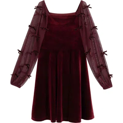 Speechless Kids' Bow Detail Sheer Sleeve Velvet Skater Dress In Brown