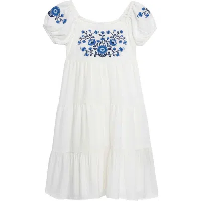 Speechless Kids' Embroidered Puff Sleeve Babydoll Dress In White/blue