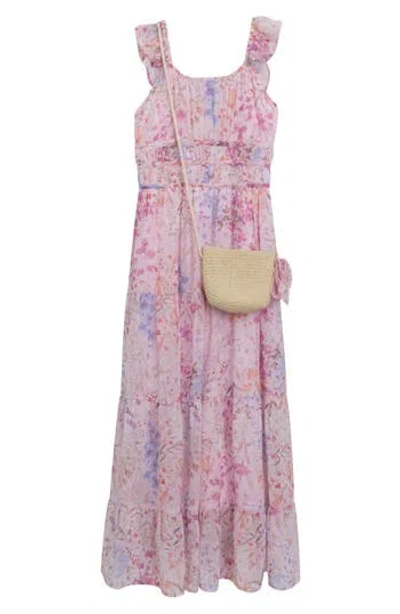 Speechless Kids' Flutter Sleeve Chiffon Maxi Dress With Crossbody Bag In Multi