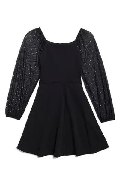Speechless Kids' Rhinestone Mesh Long Sleeve Crepe Dress In Black Jm