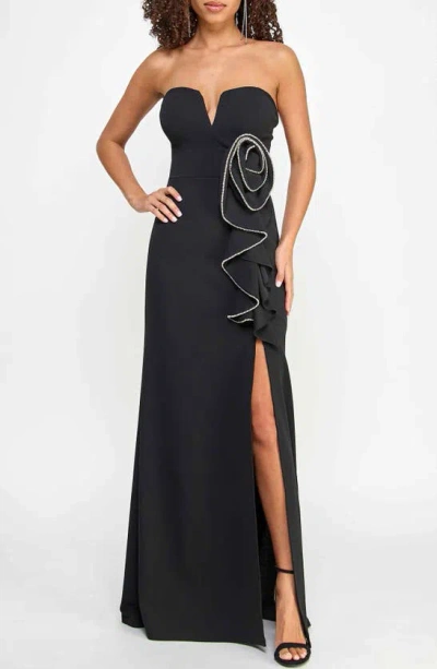 Speechless Rhinestone Rosette Strapless Gown In Black