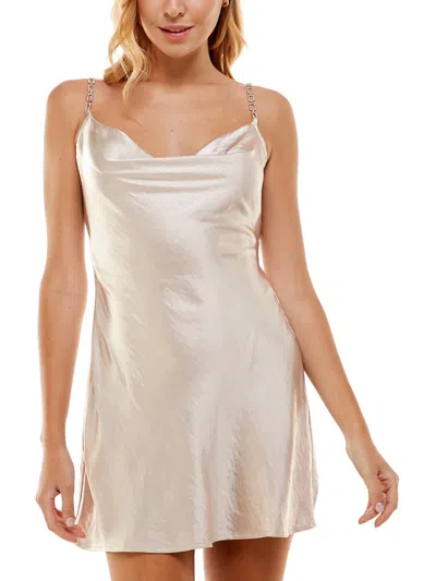 Speechless Womens Metallic Mini Slip Dress In Beige