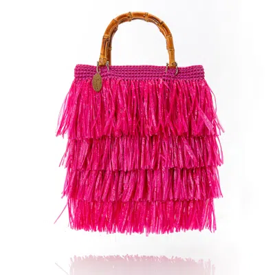 Speira Women's Pink Tote Bag Raffia Fringes With Bamboo Handles Fuchsia
