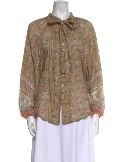 Pre-owned Spell Floral Print Mock Neck Blouse W/ Tags In Neutral