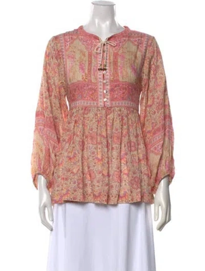 Pre-owned Spell Floral Print Tie Neck Top In Pink