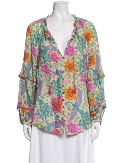 Pre-owned Spell Floral Print V-neck Blouse In Green