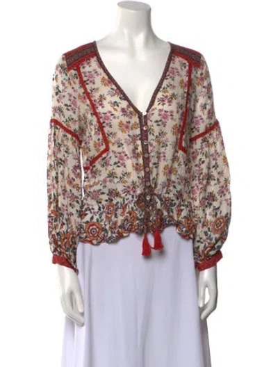 Pre-owned Spell Floral Print V-neck Blouse W/ Tags In White