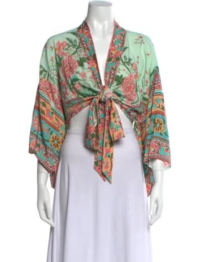 Pre-owned Spell Floral Print V-neck Crop Top In Green