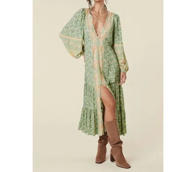 Spell Madame Peacock Button Through Gown In Emerald In Gold