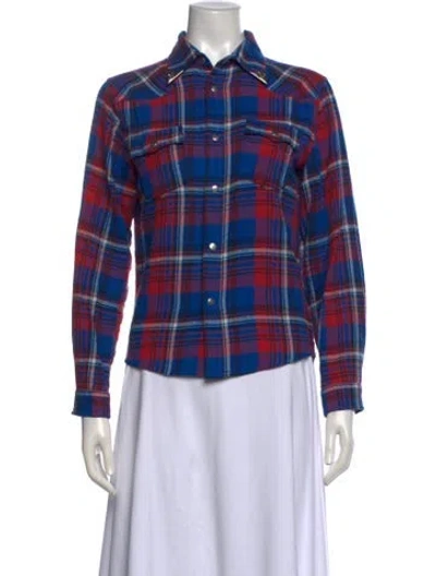 Pre-owned Spell Plaid Print Long Sleeve Button-up Top In Blue