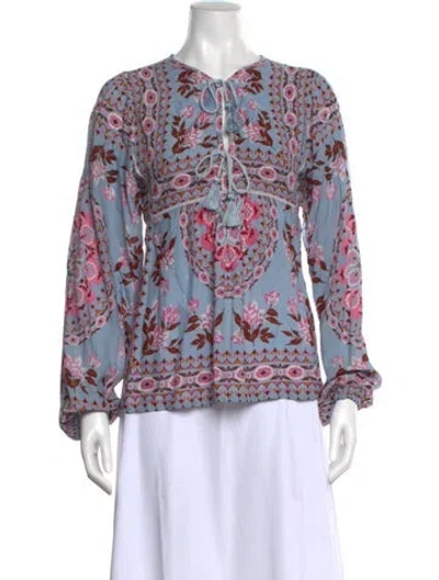 Pre-owned Spell Printed Tie Neck Blouse In Blue