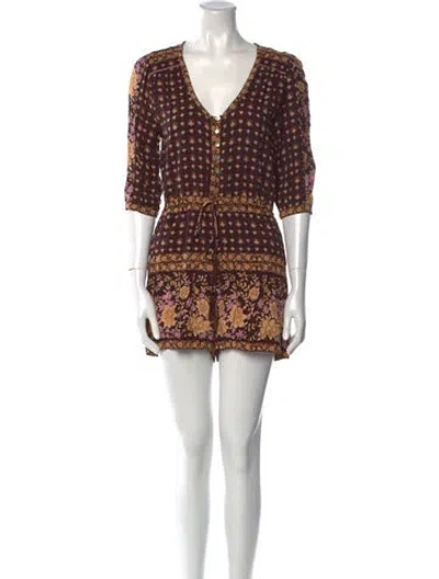 Pre-owned Spell Printed V-neck Romper In Brown