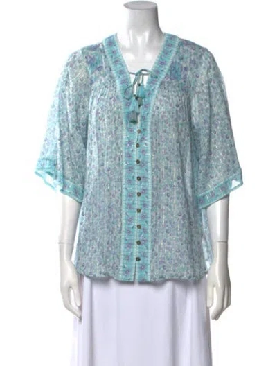 Pre-owned Spell Printed V-neck Tunic W/ Tags In Blue