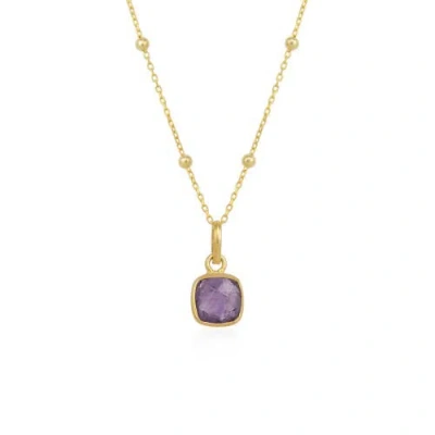 Spero London Amethyst Natural Square Pendant Necklace With Beaded Chain In Gold