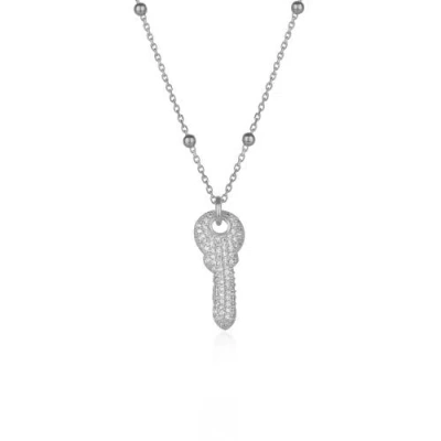 Spero London Key Pendant Necklace With Beaded Chain Sterling Silver In Metallic
