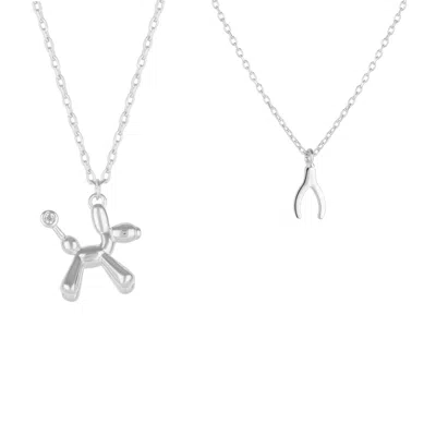 Spero London Women's Balloon Dog Poodle & Wishbone Necklace Layering Set In Sterling Silver - Silver