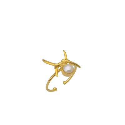 Spero London Women's Barbed Wire Design Pearl Adjustable Sterling Silver Natural Hammered Ring - Gold