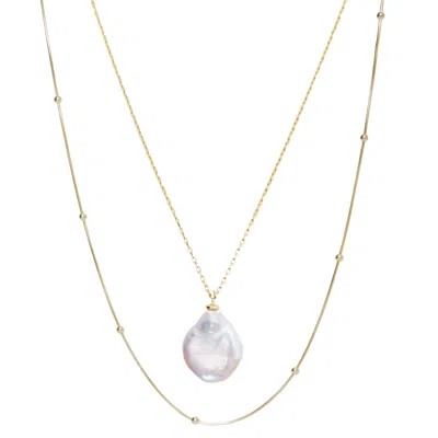 Spero London Women's Baroque Flat Pearl Pendant & Italian Beaded Sterling Silver Stacking Necklace Set - Gold