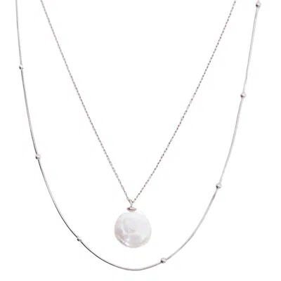 Spero London Women's Baroque Flat Pearl Pendant & Italian Beaded Sterling Silver Stacking Necklace Set - Silver