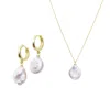Spero London Women's Baroque Flat Pearl Pendant Necklace & Earring Sterling Silver Set - Gold In Gold