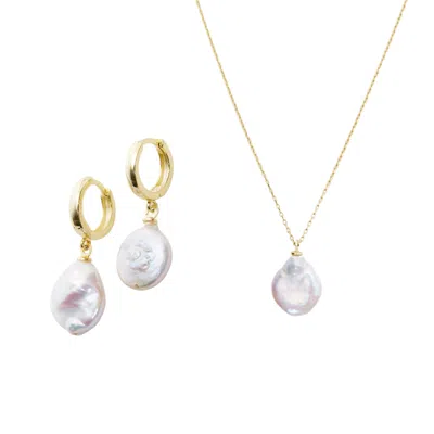 Spero London Women's Baroque Flat Pearl Pendant Necklace & Earring Sterling Silver Set - Gold
