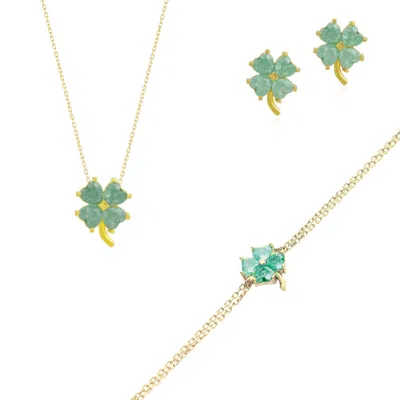 Spero London Women's Best Of Luck Four Leaves Clover Sterling Silver Bracelet Necklace & Stud Earring Set - Gold