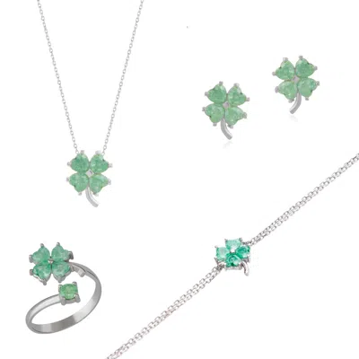 Spero London Women's Best Of Luck Four Leaves Clover Sterling Silver Bracelet Necklace Ring & Stud Earring Full S In Green