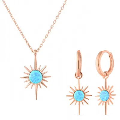 Spero London Women's Blue Opal Northernstar Drop Hoop Earring & Necklace Set In Sterling Silver - Rose Gold