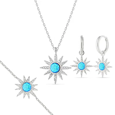Spero London Women's Blue Opal Sun Sterling Silver Necklace Earring & Bracelet Set  - Silver