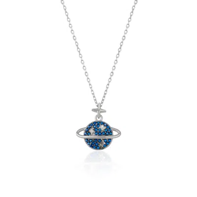 Spero London Women's Blue / Silver Navy Blue Jewelled Saturn Necklace Sterling Silver