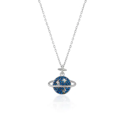 Spero London Women's Blue / Silver Navy Blue Jewelled Saturn Necklace Sterling Silver In Multi