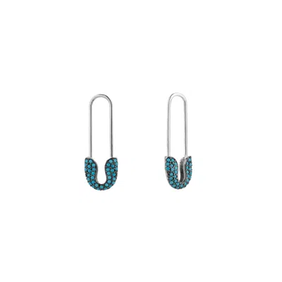 Spero London Women's Blue / Silver Turquoise Pave Safety Pin Earring Jewelled Sterling Silver In Multi