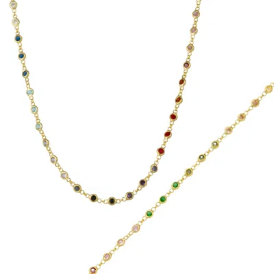 Spero London Women's Colourful Rainbow Jewelled Tennis Style Sterling Silver Chain Necklace & Bracelet Set - Gold