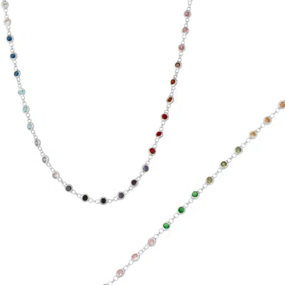 Spero London Women's Colourful Rainbow Jewelled Tennis Style Sterling Silver Chain Necklace & Bracelet Set - Silv