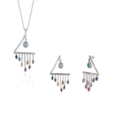 Spero London Women's Colourful Rainbow Rain Drop Earring & Necklace Set In Sterling Silver