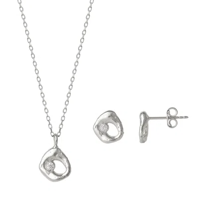 Spero London Women's Dripping Molten Natural Textured Sterling Silver Authentic Pendant Necklace & Earring Set - 