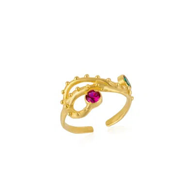 Spero London Women's Emerald & Ruby Color Jewelled Dragon Back Ring - Gold