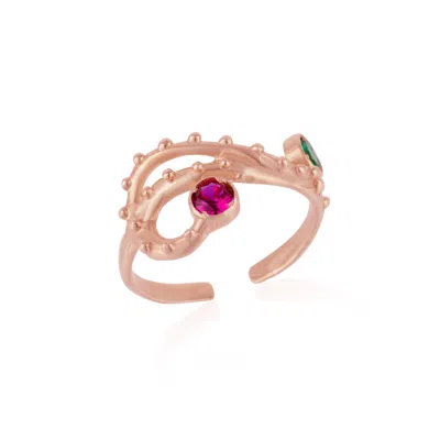 Spero London Women's Emerald & Ruby Color Jewelled Dragon Back Ring - Rose Gold